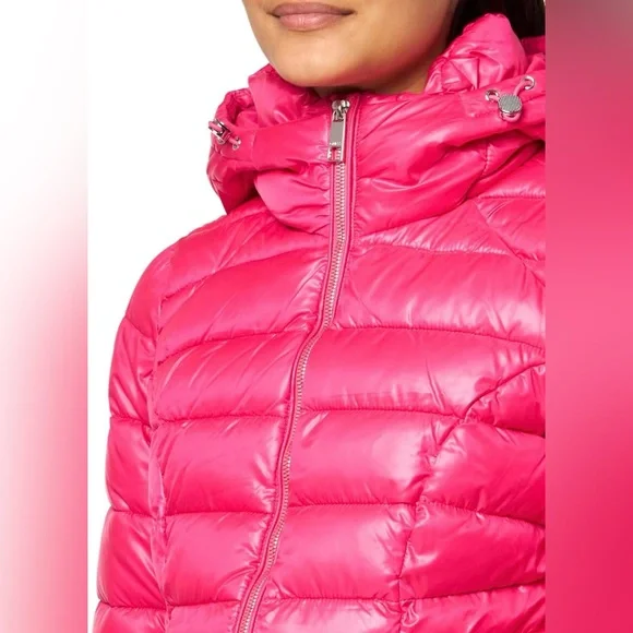 Guess NWT Stunning Show Stopping Hot Barbie Pink Mid-Length Puffer Hooded Coat - Picture 3 of 13